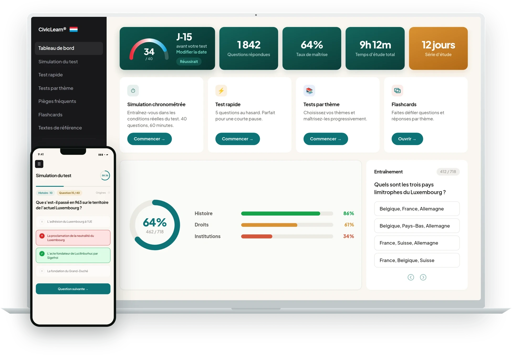 The CivicLearn Vivre ensemble course on a laptop and a phone: dashboard with estimated score and a timed exam simulation